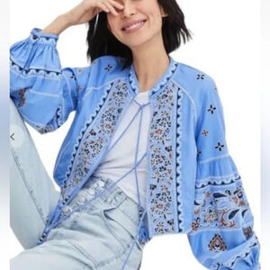 VERONICA BEARD || Rivoli Embroidered Tassel-Tie Cropped Jacket Blue Linen xs